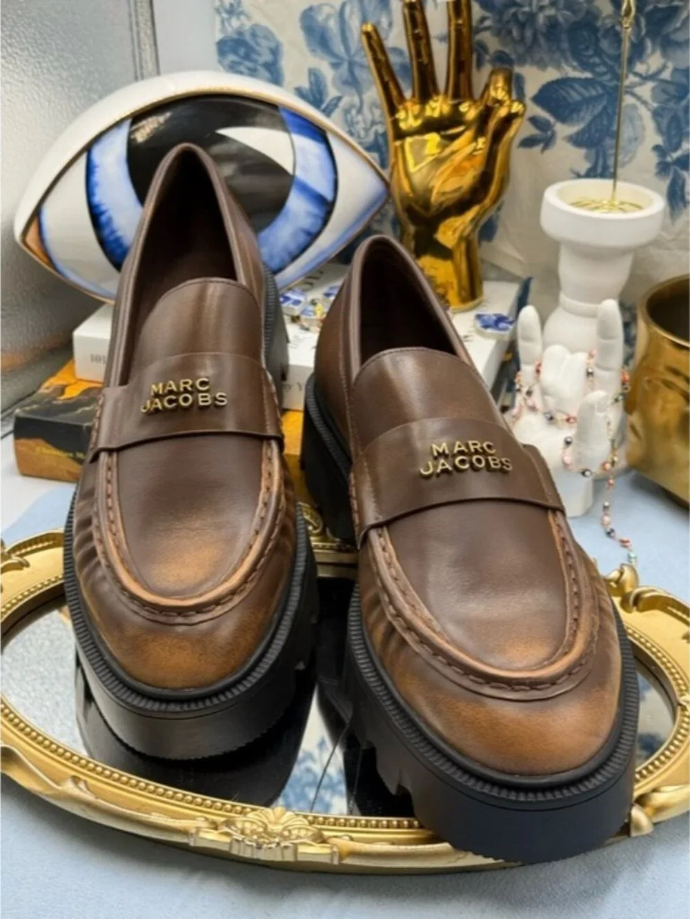 🆕 MARC JACOBS 🧿 NWOB The Distressed Leather Frankie Loafer, Brown - Sz 39 / 9 - Picture 5 of 14